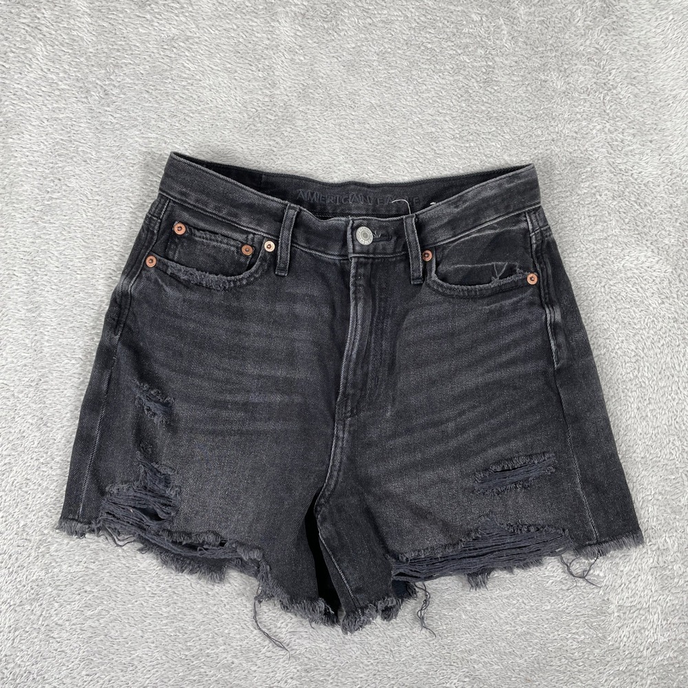 American Eagle 90s Boyfriend Shorts Womens 0 Black Distressed Denim Jean Y2K